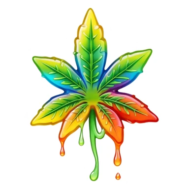 generate an emoji-style image of a juicy gummy shaped like a marijuana flower, make it colorful and with liquid dripping out sticker