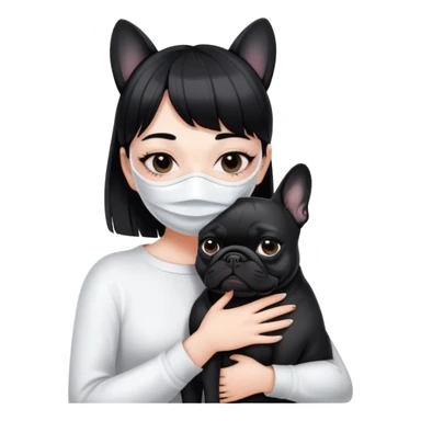 girl with short black straight bangs hair wearing a white mask and hugging a black French bulldog sticker