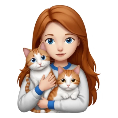 a girl with long brown hair, with blue eyes, in a
white sweater, hugs 3 cats a brown tabby and white, a ginger and white and a grey and white sticker