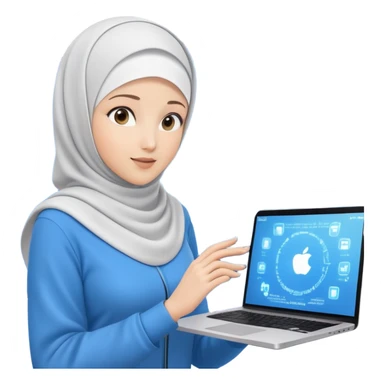 computer engineer with white hijab wearing blue outfit, no glasses, presenting her metaverse creation with a large digital screen behind her displaying virtual worlds and code, laptop open in front of her showing programming interface sticker