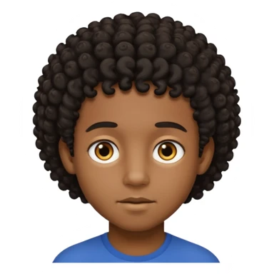 This avatar of black boy has tightly curly dark hair styled upward, a rounded face with golden-brown eyes, and a neutral expression sticker