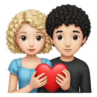 a teenage couple with a blonde girl with curls and a boy with black and short curly hair, with s heart sticker