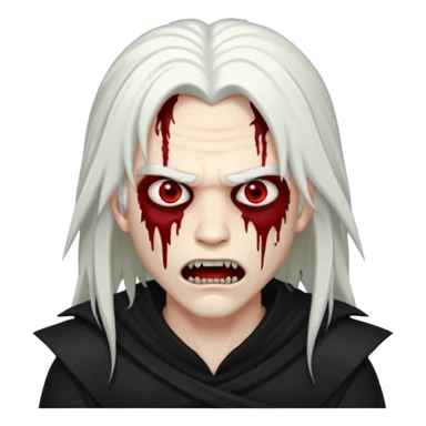 Creat a young man Vampire that have long white hair and white skin and full black eyes and bloody mouth and full black outfit and long fangs and scary dead cold eyes sticker