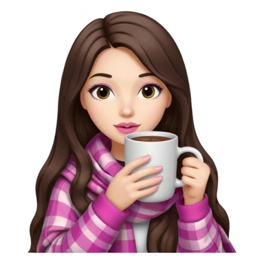 Pink lip, eyelashes, Black eyed brunette girl with long hair and light skin shoulders wrapped up in a pink plaid blanket drinking hot chocolate sticker