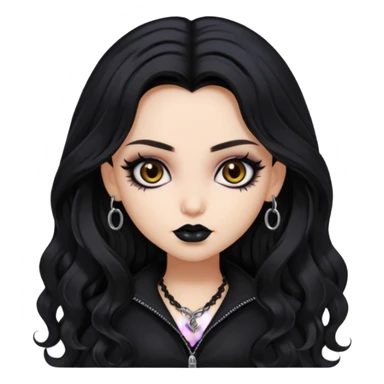 goth bratz baddie, beautiful brown eyes, long wavy black hair, black gothic hair styled, black goth clothes sticker