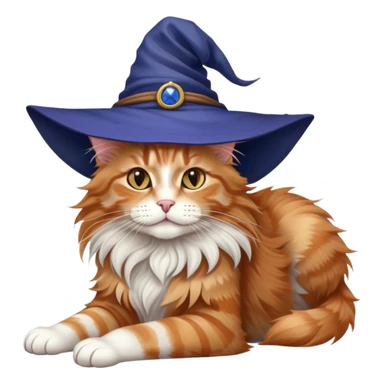 full body Maine coon ginger tabby cat flopped over on her back wearing an indigo witch hat sticker