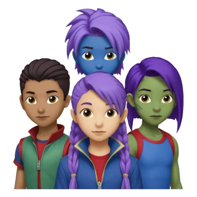 Solo poly platonic relationship, one African girl, one Asian boy, one biracial features Asian tomboy girl rat-tail hair long and upper masculine hair 90s, vampire and marvel cosplay elements inspired  use marvel race, like instead of obvious human, green purple blue etc,  sticker