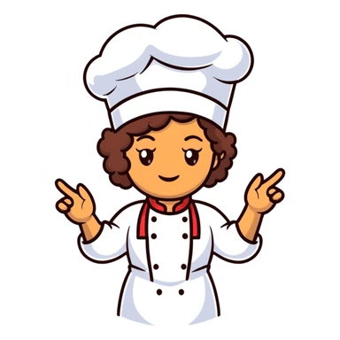 Mixed-race female chef with medium-length curly brown hair, wearing a chef's hat (toque), with both an angel halo and devil horns on her head sticker