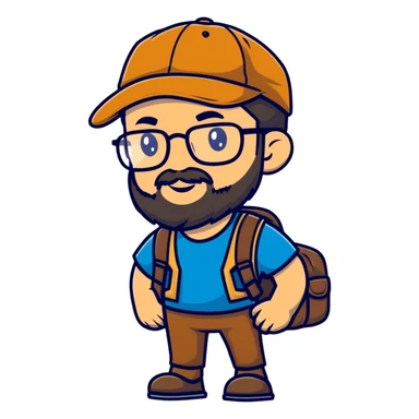 Adventurer with glasses, a beard and tan colored cap sticker