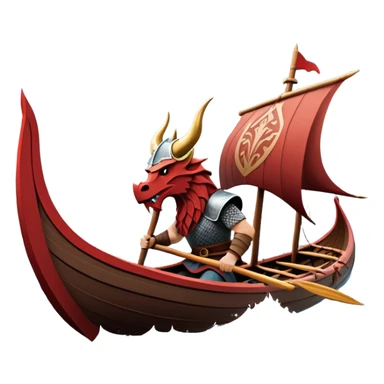 clash-of-clans-aesthetic_-cinematic-viking-longboat, rendered in a flat, bold vector style with minimal shading, featuring a striking dragon-headed prow slicing through waters. shields on the side and vikings rowing The longboat’s, the boat has carved motifs evoke a sense of epic adventure and Nordic might, with billowing sails catching a dramatic, stormy sky backdrop. sticker