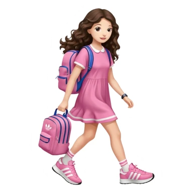 aestethic brunette very,very,very long wavy hair walking with a school backpack, with a cute pink dress, adidas samba shoes sticker