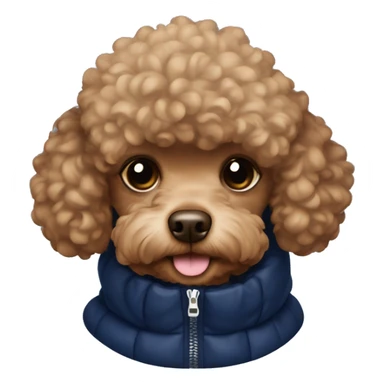 Brown toy poodle wearing a navy blue puffer jacket  sticker