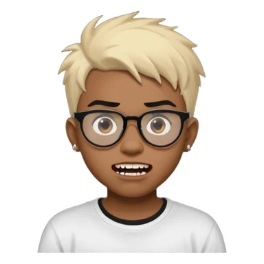 Black Male Teenager with Short punk messy blonde hair, Dark brown bushy eyebrows large expressive golden-brown eyes, wearing a plain white t-shirt, wearing thick black glasses, Dark Brown skin color. Showing off his vampire tooth sticker