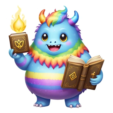 Kawaii derpy fat rainbow monster with magic spell book, rich textures, visually rich, so lifelike that it feels like it could leap off the page at any moment sticker