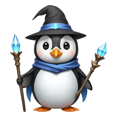cute penguin wizard with a magical staff and a pointy hat sticker