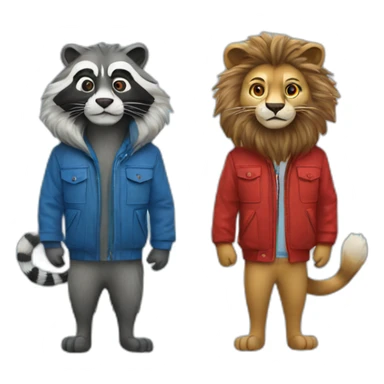 a lion and a raccoon, wearing the same jacket, the lion's jacket is blue and the raccoon's is red sticker