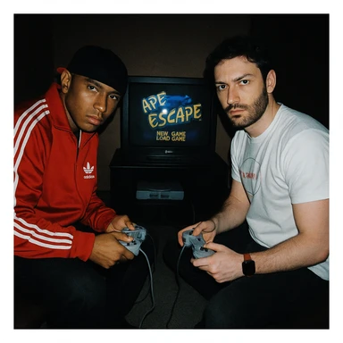 Create a 90s analog photo featuring a famous rapper (not recognizable) and the boy from the reference photo sitting in front of a CRT TV with Ape Escape on Playstation 1. The room is dark, both hold controllers, and they look at the camera with flash, creating a grunge atmosphere. sticker