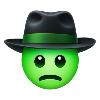flushed emoji with a green glowing face, wearing a black fedora hat sticker