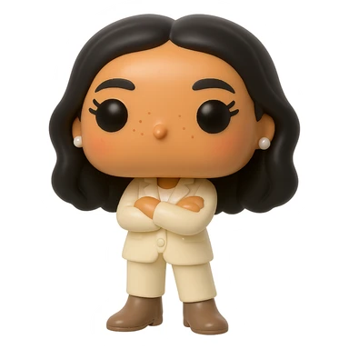 Enhance the vinyl figure in Funko Pop style with superior quality, luminous smooth tanned skin, detailed dark hair, textured feminine cream suit (jacket and pants), small pearly earrings, greige leather boots clearly visible, arms crossed, rosy cheeks, very discreet freckles, eyelashes, mischievous and cheerful expression, no mouth, transparent background. sticker