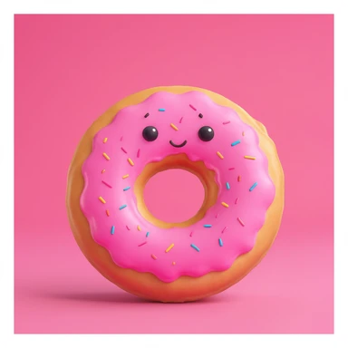 Create an emoji of this donut character with a surprised expression, 3D cartoon style, pink background. sticker