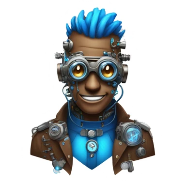 Brown cyborg head with blue Mohawk, blue beard, silver steampunk monocle goggles a smile and circuits sticker
