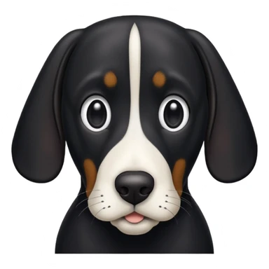 Black hound dog with white snout and white chest sticker