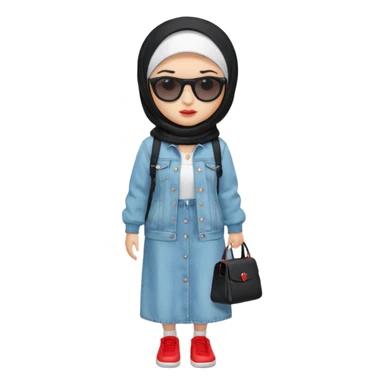 female memoji character, iPhone style, wearing black hijab, white long dress, oversized light blue denim jacket, white socks, black shoes with red detail, black shoulder bag, sunglasses on head, cute expression, no background, transparent PNG sticker