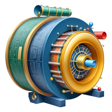 An icon featuring a physics textbook, a large Hadron Collider with particles flying off, symbolizing the study of physics. The design includes atomic models, energy waves, and scientific formulas, representing fundamental physical principles and research. Transparent background. sticker