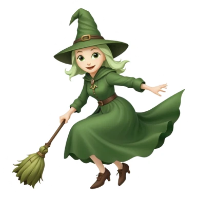 Traditional green old witch flying on a broom emoji sticker