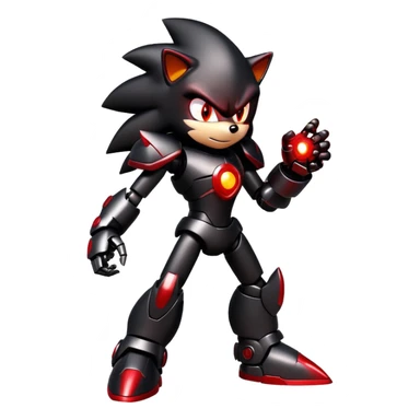 Robotic Shadow the Hedgehog with black metallic body, red glowing eyes, red energy streaks, and battle stance sticker