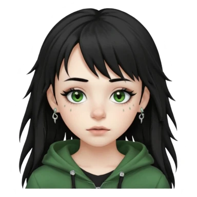 girl with black long layered hair with wispy bangs, pale skin, black t shirt, freckles on nose, dark nude colored lipliner, fluffy lashes, green hooded eyes, black spiky septum ring, eyebrow piercing, blush, thin black eyebrows. sticker