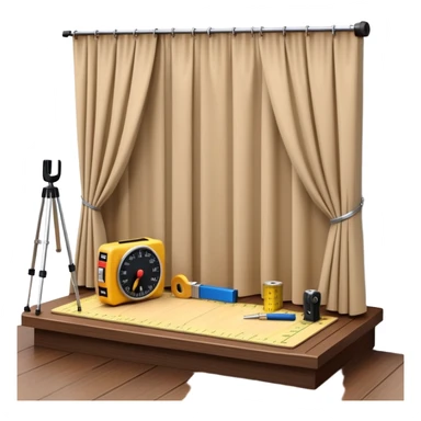 Miniature 3D room model beside a wooden plank, stage curtain, and measuring tape, arranged like a toolkit of visual and spatial design. sticker