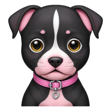 Black pitbull puppy that has a pink collar sticker