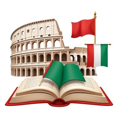 An icon featuring the Colosseum and the flag of Italy, symbolizing the Italian language. The design includes an open book with Italian phrases and a gondola, representing language learning and cultural exploration. Transparent background sticker