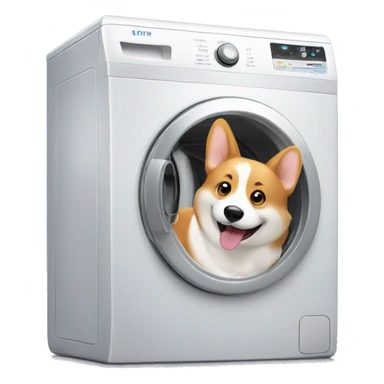 a washing machine next to a smiling corgi sticker