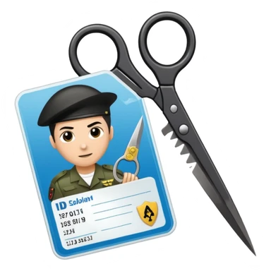 Floating black Scissors cutting an idf soldier ID card in 2 parts .hyper realistic sticker
