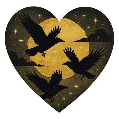  heart with yellow night sky and dark ravens, remove background sticker