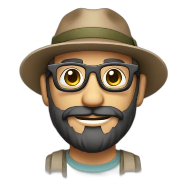 happy smile gardener face long dark beard and bald dark hair round glasses brown eyes and a hat sticker