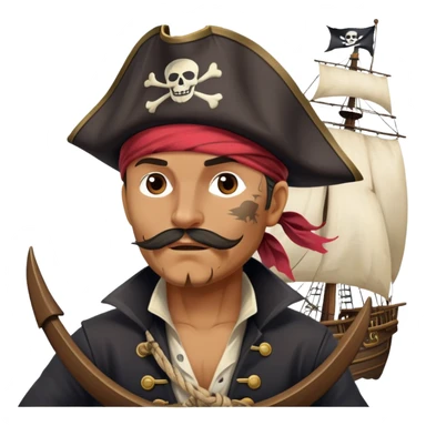 clash-of-clans-aesthetic_-cinematic-focused-pirate-bust-portrait-emoji, head slightly tilted with a determined, roguish expression and bold features, featuring a compact, spirited build with a jaunty hat and quirky bandana on tan skin, at the helm of a grand sailing ship complete with billowing sails and a tattered Jolly Roger flag fluttering dynamically in a tempestuous sea breeze. sticker