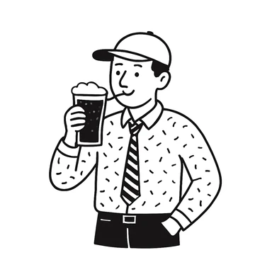 Change the hat to a baseball hat, keep hand drawn doodle style, guy drinking beer. The style is hand drawn doodle, notion style hand drawn doodles. sticker