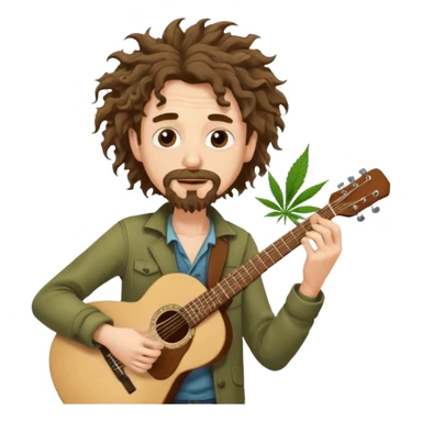 Generate a malnourished dude with curly hair and a shitty goatee who is high on marijuana playing the guitar and twisting a strand of his hair sticker