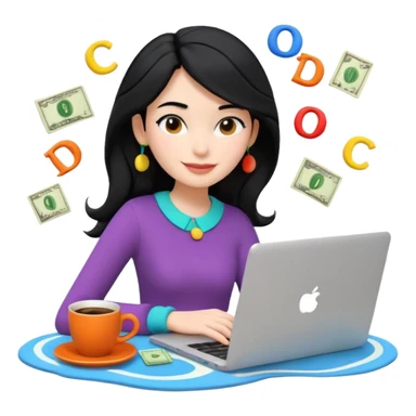 3D clay woman character relaxed with laptop and coffee in Paris, floating icons (dollars), colofrful modern outfit, white laptop, Pixar style, transparent background, black hair, fair skin,  sticker