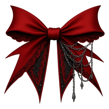 Make the red gothic bow even more dramatic: larger, with exaggerated pointed ends, extra lace, and ornate silver chains. Keep the background transparent. Maintain the gothic style and intricate details. sticker