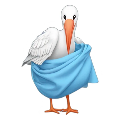White stork carrying a blue bundle of cloth in its big beak that has a human person cute baby human inside and the human baby head is peeking from the fabric the strok is carrying in its beak sticker