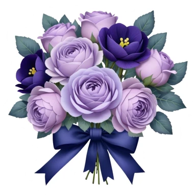 A hand-tied bouquet of soft lilac roses, pale violet peonies, and deep indigo pansies, bound with layers of vintage lace and a faded purple silk bow, rests upon a carved wooden vanity, beside an antique silver heart-shaped mirror reflecting the timeless beauty of love’s gentle touch. sticker