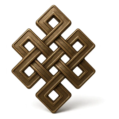 Create a karma symbol with an endless knot design featuring intricate interwoven lines. The style should be 3D bronze metallic with realistic shine and depth, icon-like, balanced composition, and no background (transparent). sticker