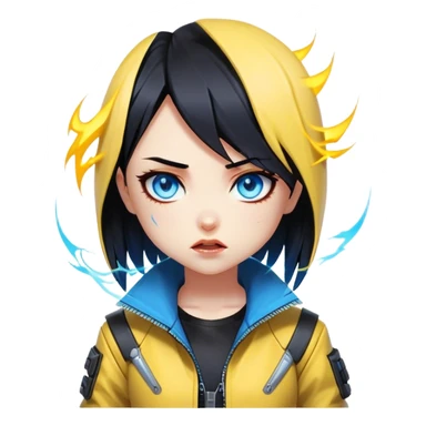 Black hair cyberpunk 2077 chibi girl with blazing blue eyes and yellow jacket from the animation show cyberpunk edge runners. All emotion reactions sticker