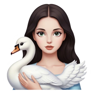 Girl who looks like Lana del Rey with dark hair and cat eyes holding a swan sticker