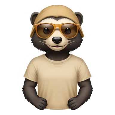 friendly anthropomorphised honey badger head and neck wearing sunglasses, top of t-shirt visible, different expression sticker