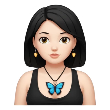 A thick girl in white skin, black middle length hair wearing a black tank top and small butterfly pendant necklace. sticker
